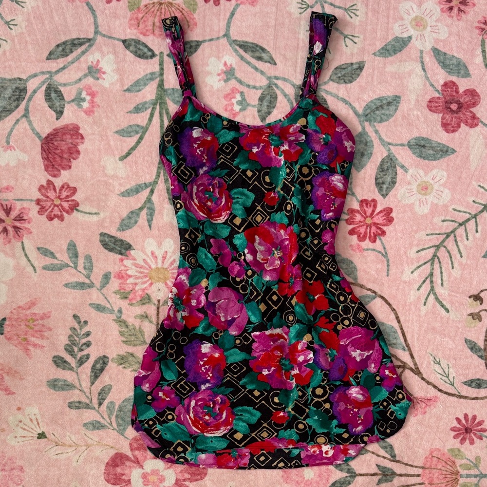 VINTAGE 90s satin slip dress with slit - jewel tone florals and geometric print